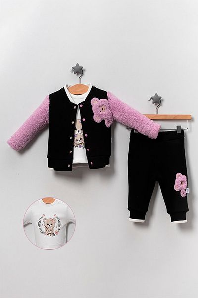 TRENDİMİZBİR Baby Girl Teddy Bear Patterned Triple Set - Black/Lilac