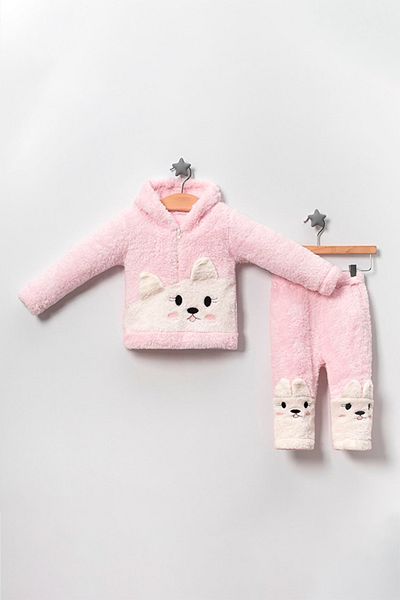 TRENDİMİZBİR Pink Baby Girl Bear Embroidered Welsoft Set