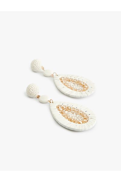 Koton Straw Dangle Abstract Earrings - Bead Detailed