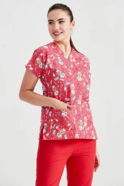 Moodamedikal Cerrahi Takım Kırmızı Ayıcık Desenli Tek Üst Terikoton İnce Kuma...