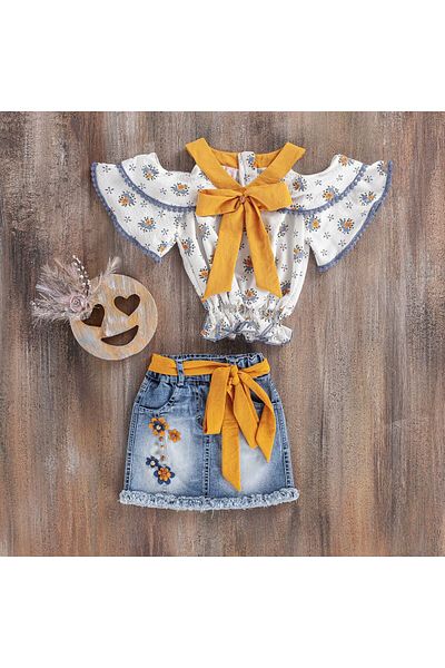 Misse Moda Mustard Colored Patterned Girl's Blouse and Skirt Set