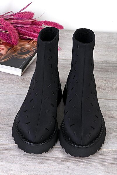 ss shoe & schuh İşlemeli Scuba Kumaş Astar Hakiki Deri Kadın Bot Topuk Boyu 4 Cm 20797