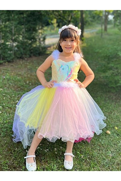 Kumsals Kids Boutique Unicorn Konsept Önü Kısa Arkası Uzun Kız Çocuk  Elbise