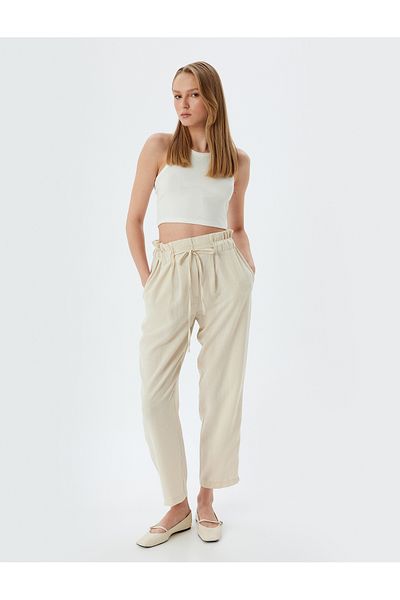 Koton Wide Leg Trousers with Elastic Waist and Tie Pockets