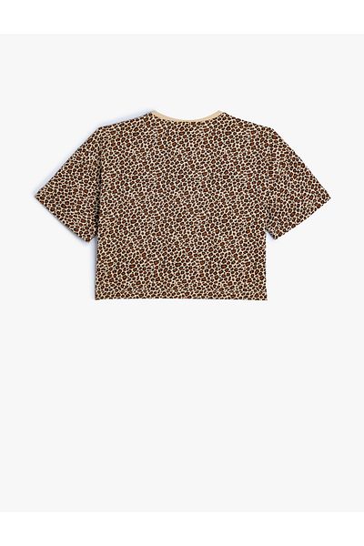 Koton Leopard Print Cotton Crop T-Shirt - Short Sleeve and Round Neck