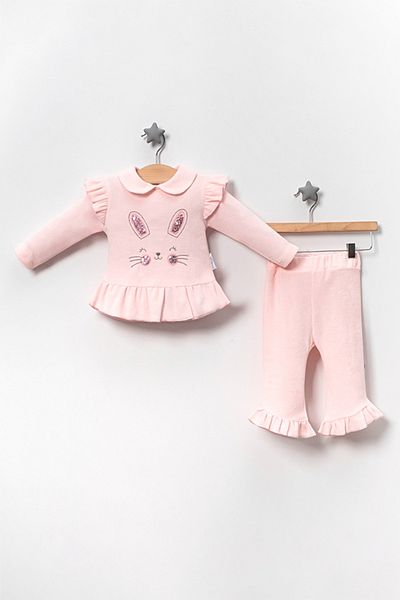 TRENDİMİZBİR Pink Baby Girl Smiley Cat Face Frilly Double Set