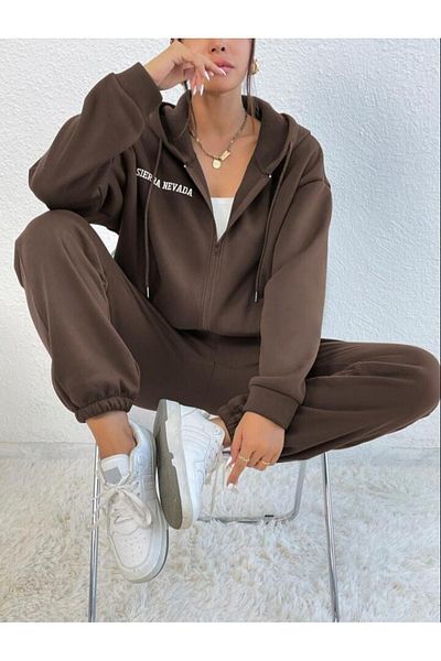 Know Women's 3 Thread Brown Sierra Nevada Printed Cardigan Jogger Oversize Trainingsanzug Set
