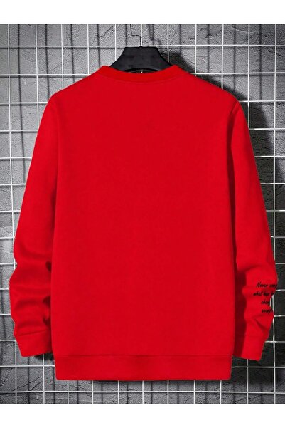 pandy Kırmızı Renk Unisex Never Baskılı Renkli Oversize Bisiklet Yaka Pamuklu Sweatshirt