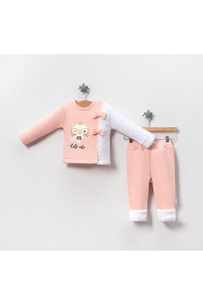 TRENDİMİZBİR Baby Girl Crowned Cute Cat Double Set - Powder