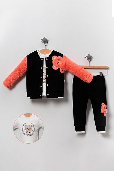 TRENDİMİZBİR Baby Girl Teddy Bear Patterned Triple Set - Black/Orange