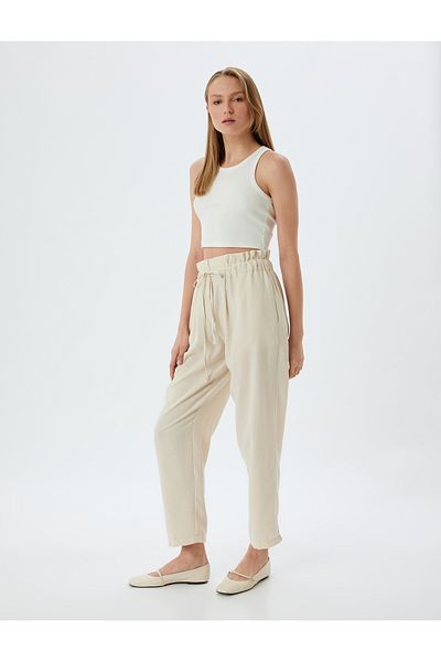 Koton Wide Leg Trousers with Elastic Waist and Tie Pockets