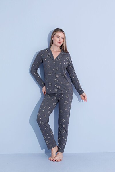 PİJAMOOD Antracit hosszú ujjú női pizsama szett - 5 gombos