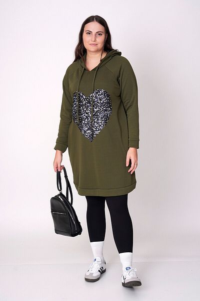 Büyük Moda Cotton Sweatshirt Dress with Heart Decoration with Sequences