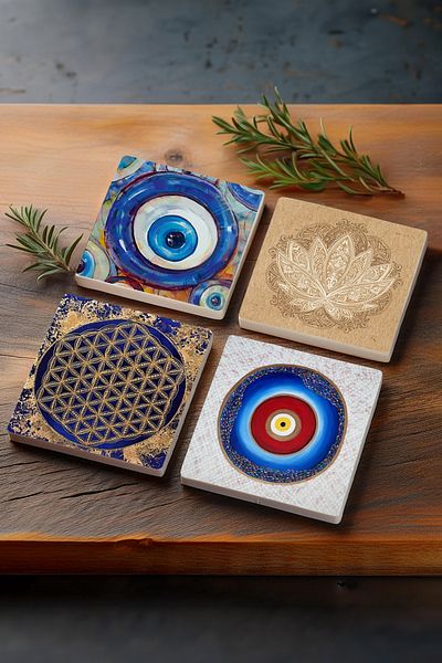 Pinecone Evil Eye, Lotus Flower, Flower of Life Stone Coaster Desktop Protective Coaster 4 Piece Set 10x10cm