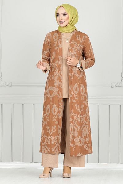 ModaMerve طقم ثلاثي منقوش بلون أسمر - 1811LNA1042-M