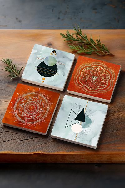 Pinecone Minimalist Sri Yantra and Mandala Patterned Abstract Stone Coaster - Set of 4 10X10Cm Desktop Protective Coaster