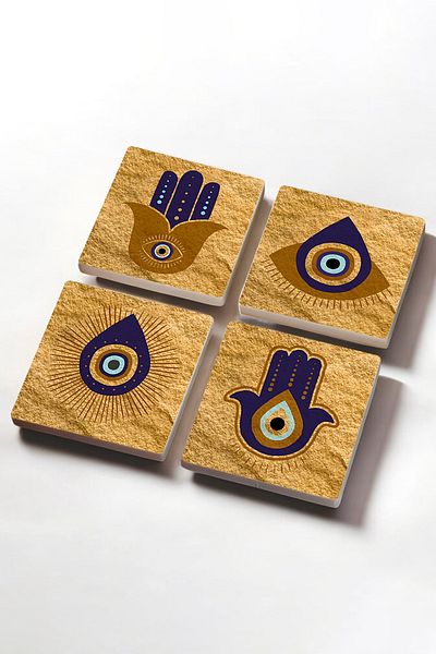 Pinecone Mother of Fatma's Hand (HAMSA), Evil Eye Stone Coaster Desktop Protective Coaster 4 Piece Set 10x10cm Sc244