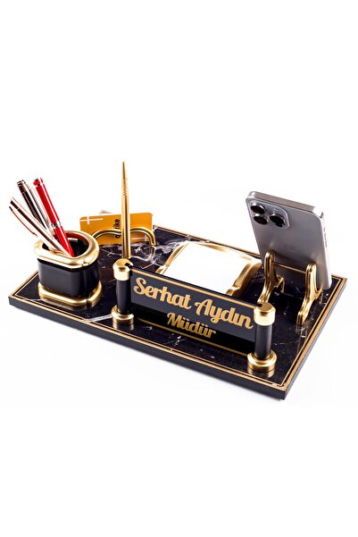 Ofistike Royal Mermer Desen Ahşap Gold Kalemli Masa İsimliği Ofis Masaüstü İs...