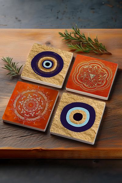 Pinecone 4 Piece Set - Nazar, Sri Yantra, Mandala Stone Coaster, Desktop Protective Coaster 10X10Cm Sc302