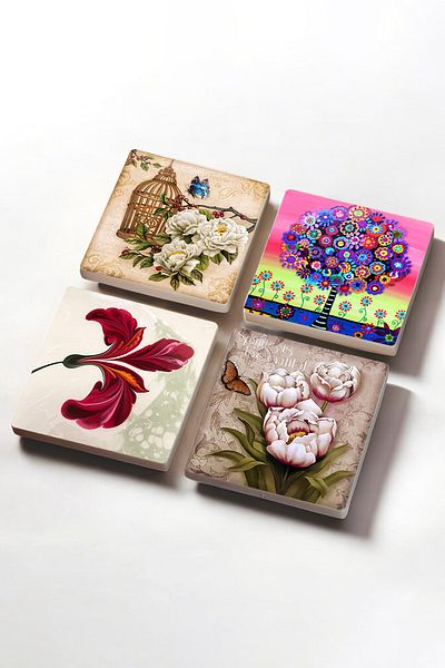 Pinecone Marbling Art Tulip, Butterfly Flower, Karla Gerard Tree of Life Stone Coasters Set of 4 10x10cm