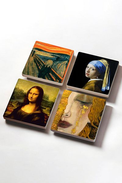 Pinecone The Scream, Girl with a Pearl Earring, Gustav Klimt Golden Tears, Da Vinci Mona Lisa Stone Coaster Set