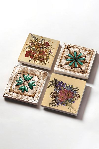 Pinecone Vintage Flower, Moroccan Patterned Vintage Stone Coaster Desktop Protective Coaster 4 Piece Set 10x10cm
