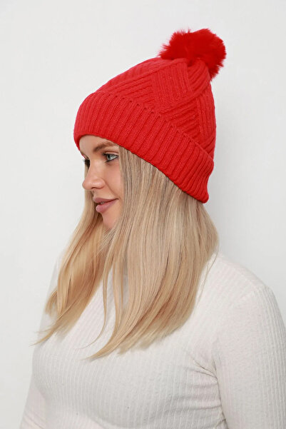 REMSA Thick Pompom Wool Inside Women's Beret Rkş-17 Red