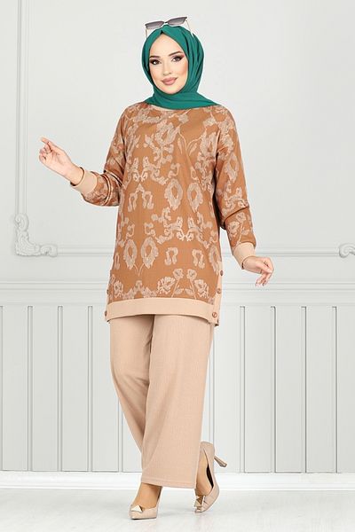 ModaMerve Tan Accessory Buttoned Set - 1709Lna1042-M