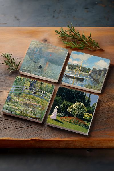 Pinecone Monet Woman in the Garden, Bridge at Argenteuil, Impression Sunrise, Water Lily Lake Stone Coaster Set