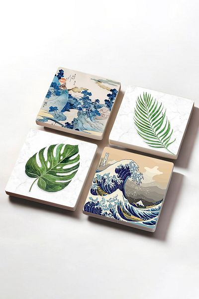 Pinecone مجموعة قواعد أكواب واقية من الفن الياباني من Mount Fuji، موجة رائعة، مجموعة من 4 قطع مقاس 10 × 10 سم