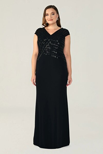 ALFABETA Alpha Beta V Neck Top Sequined Long Evening Dress