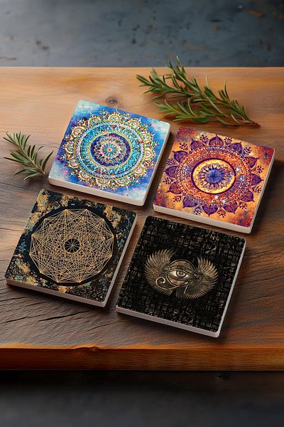 Pinecone Mandala, Eye of Horus, Sri Yantra Stone Coaster Desktop Protective Coaster 4 Piece Set 10x10cm