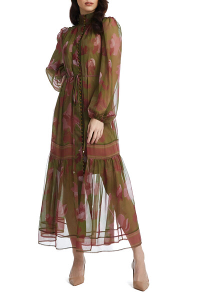 SERPİL Yaprak Desenli Düğmeli Belden Kuşaklı Midi Boy Yeşil Elbise 38955