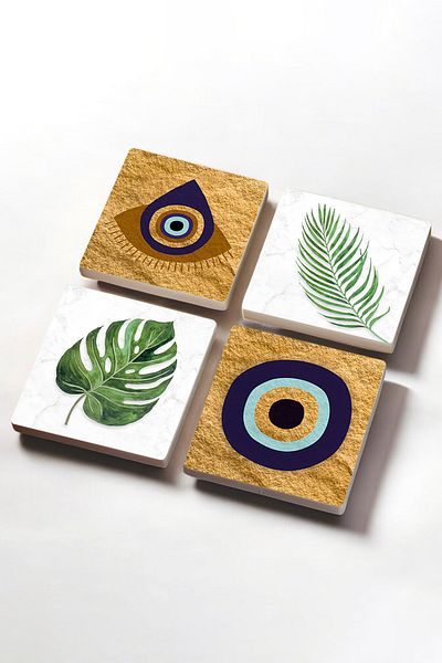 Pinecone Evil Eye, Leaf Stone Coaster Desktop Protective Coaster 4 Piece Set 10x10cm Stone Coasters Sc358