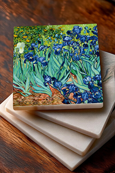 Pinecone Van Gogh Balıkçı Tekneleri, On Iki Ayçiçekli Vazo, Irisler, Yıldızlı Gece Taş Bardak Altlığı 4lü Set