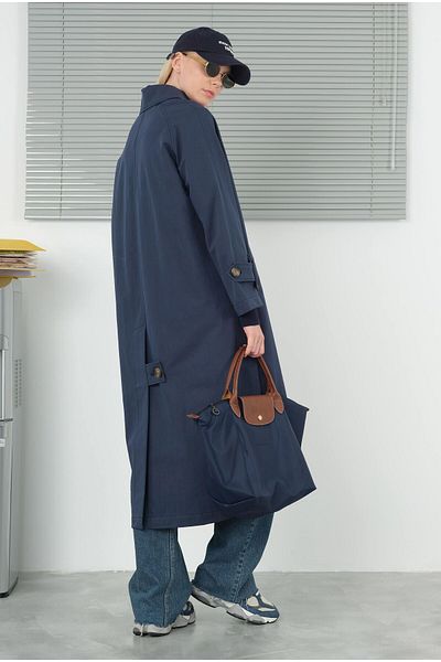 HEQA Navy Blue Double Epaulettes Trench Coat