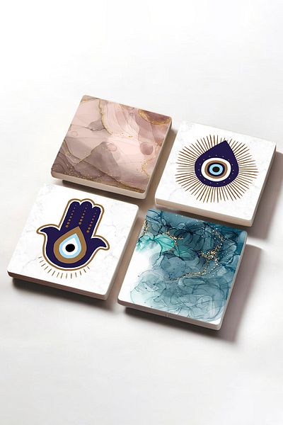 Pinecone Fatima Mother's Hand (HAMSA), Evil Eye, Abstract Art Stone Coasters Protective Coasters Set of 4 10x10cm