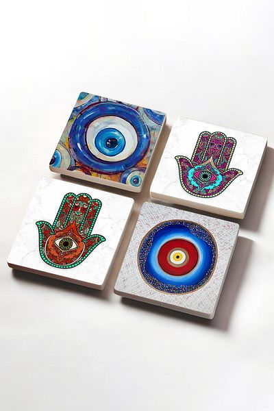 Pinecone Evil Eye, Hand of Mother Fatima (HAMSA) Stone Coaster Desktop Protective Coaster 4 Piece Set 10x10cm Sc376