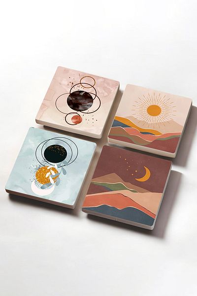 Pinecone Minimalist Abstract, Bohemian Stone Coasters Desktop Protective Coasters Set of 4 10x10cm Sc271