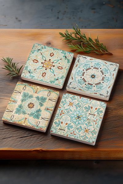 Pinecone طقم قواعد أكواب حجرية بنمط الأكواب الواقية لسطح المكتب مكون من 4 قطع قواعد حجرية مقاس 10 × 10 سم