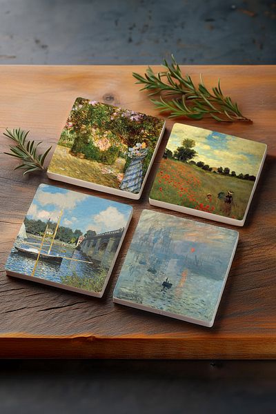 Pinecone Claude Monet in the Garden, Bridge at Argenteuil, Poppies, Impression Sunrise Stone Coaster Set