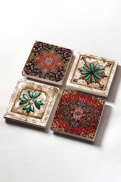 Pinecone Pattern, Moroccan Patterned Vintage Stone Coasters Desktop Protective Coasters 4 Piece Set 10x10cm