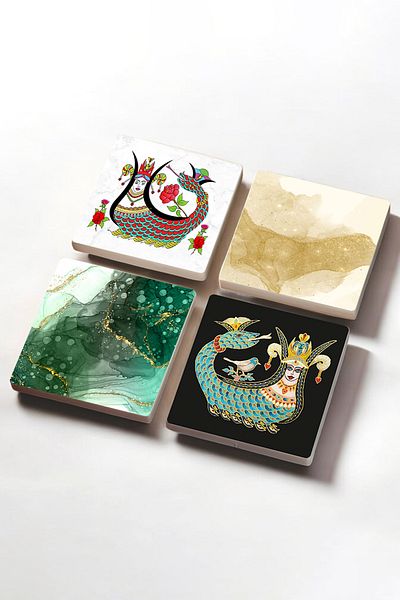 Pinecone Abstract Art, Shahmeran Stone Coaster Desktop Protective Coaster 4 Piece Set 10x10cm Stone Coasters