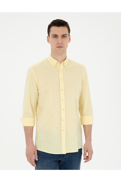 Pierre Cardin قميص أصفر من الكتان المخلوط بقصة عادية وأكمام طويلة 50284168 -V...