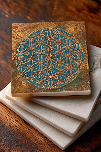 Pinecone Minimalist Flower of Life Patterned - Abstract Lotus Flower Stone Coasters Set of 4 10X10Cm