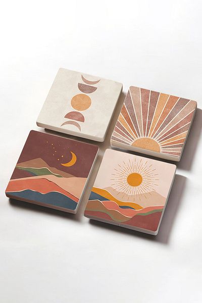 Pinecone Minimalist Abstract, Bohemian Stone Coasters Desktop Protective Coasters Set of 4 10x10cm Sc233