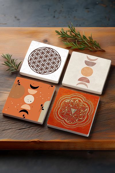 Pinecone Bohemian Minimalist Abstract Sri Yantra Flower of Life Stone Coaster - Set of 4 10X10Cm