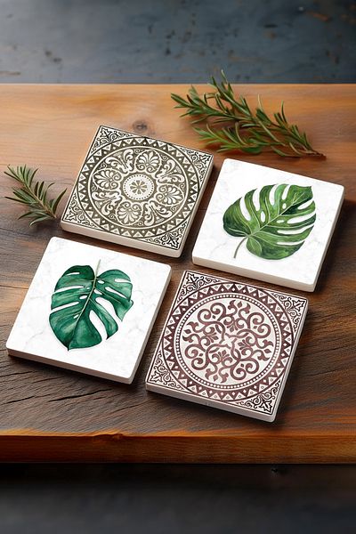 Pinecone Ethnic Pattern, Leaf Stone Coaster Desktop Protective Coaster 4 Piece Set 10x10cm Sc423