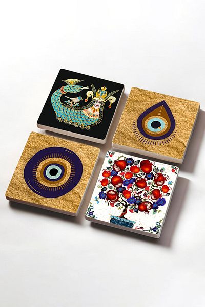 Pinecone Evil Eye, Shahmaran, Pomegranate Tree Stone Coaster Desktop Protective Coaster 4 Piece Set 10x10cm Sc525