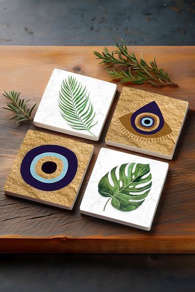 Pinecone Evil Eye, Leaf Stone Coaster Desktop Protective Coaster 4 Piece Set 10x10cm Stone Coasters Sc358